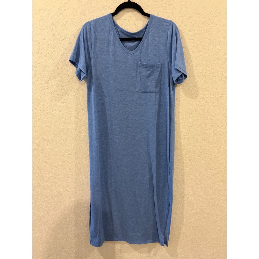 Blue Heathered V-Neck Short Sleeve Maxi T-Shirt Dress Large